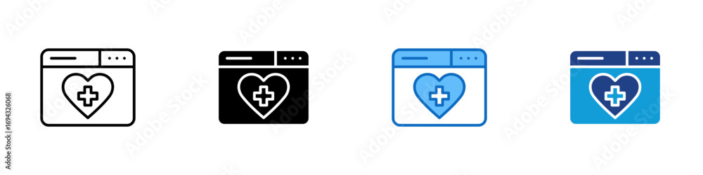 Obraz premium Medical Website Multiple Style Icon Design Vector - Browser window with heart and medical cross, indicating an online health portal or medical site