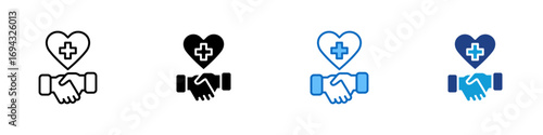 Healthcare Agreement Multiple Style Icon Design Vector - Handshake under a heart with a cross symbolizing health partnership or care commitment