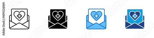 Medical Mail Multiple Style Icon Design Vector - Envelope with heart and cross, representing medical invitation, report, or health newsletter