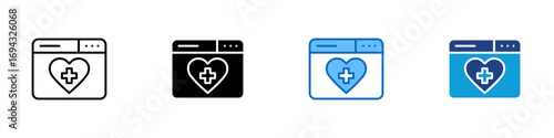 Medical Website Multiple Style Icon Design Vector - Browser window with heart and medical cross, indicating an online health portal or medical site