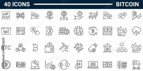 Icon set Bitcoin in line style with editable stroke. Linear icon collection. Vector illustration.
