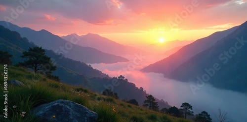 Wallpaper Mural Serene landscape at dawn, misty mountains reflecting spiritual awakening; perfect for meditation, yoga, mindfulness, and inner peace themes , yoga, growth Torontodigital.ca