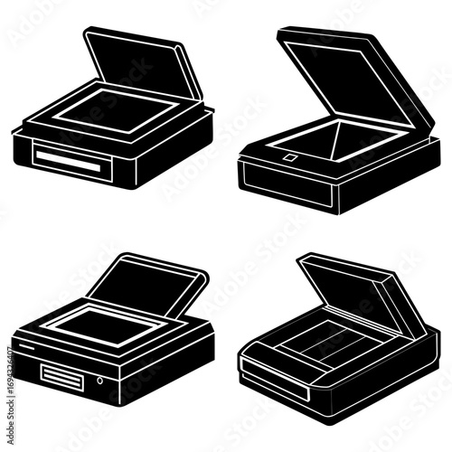 Four black and white scanner illustrations with open lids in different perspectives and orientations