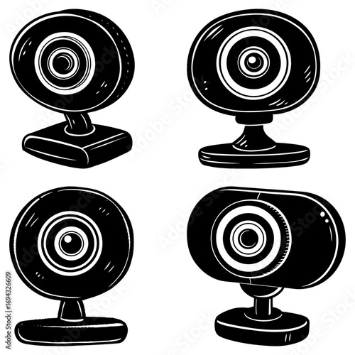 Four stylized black and white webcams with stands in varying shapes and orientations on a white background