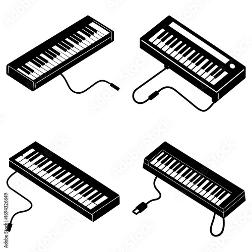 Four keyboard controllers with usb cables in isometric view isolated on a white background in black and white