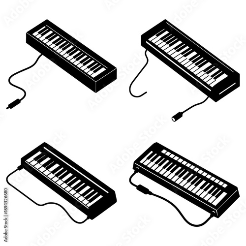 Four isometric black and white keyboard illustrations with cables on a plain white background render