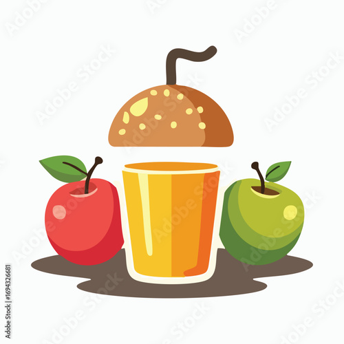 Red ripe apples and fresh apple juice with green leaves, a natural and healthy fruit illustration vector design
