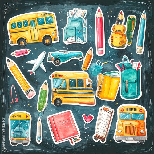 Colorful school supplies and transportation on a chalkboard