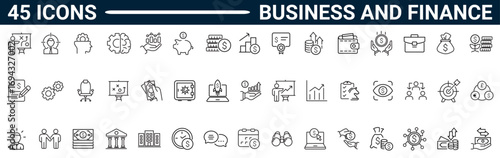 Icon set Business and Finance in line style with editable stroke. Linear icon collection. Vector illustration.