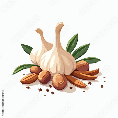 Healthy, organic garlic bulbs with fresh parsley and spices are isolated on a white background
