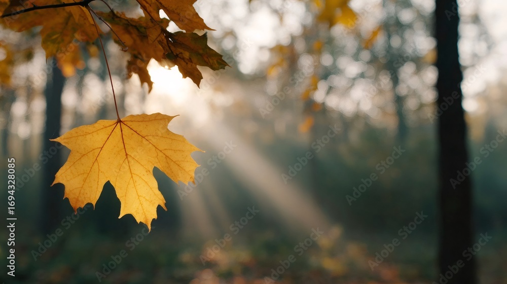 Obraz premium Golden maple leaf hanging on branch in autumn forest with sunbeams