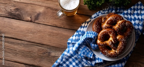 Freshly baked pretzels with glass of beer on rustic wooden table capturing bavarian cuisine