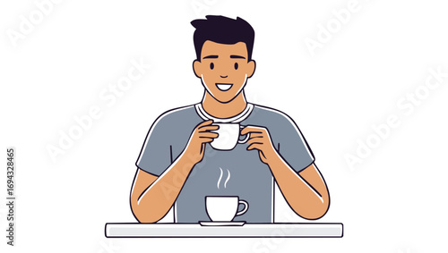 Happy young man enjoying a relaxing coffee break, sitting at a table with a hot beverage