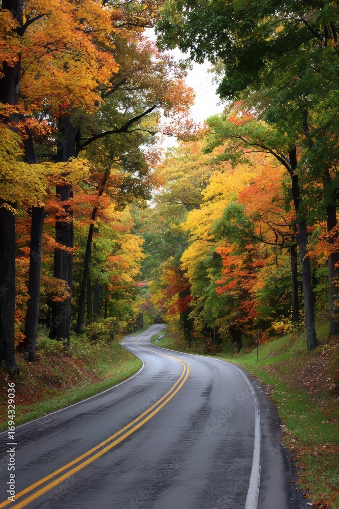 Obraz premium Winding road through vibrant autumn forest with colorful foliage and wet pavement. Scenic Drives for Autumn Leaves