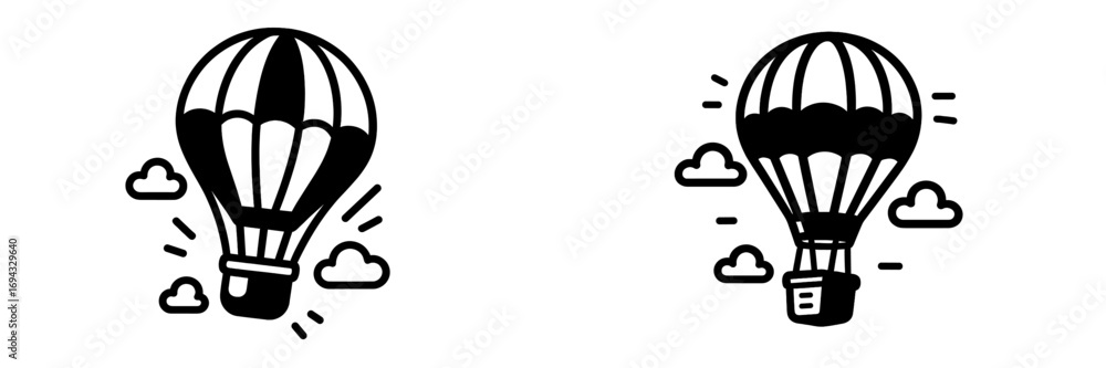 Obraz premium Simple black and white hot air balloon icons with clouds representing flight, travel, and adventure themes