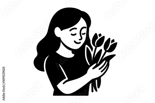 A serene young woman with closed eyes gently holding a bouquet of fresh tulip flowers in a minimalist black and white graphic style