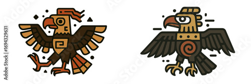 Set of two stylized Aztec eagles in a traditional ancient Mayan art style, powerful mythological bird symbols for tribal and ethnic design