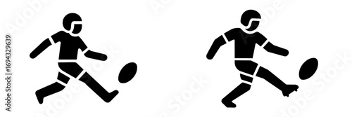 Rugby player kicking a ball icon set, black silhouette symbol for sports and athletic competition on a white background