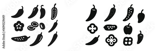 Collection of chili pepper and bell pepper silhouettes in a simple black graphic style showing whole vegetables and cross section slices