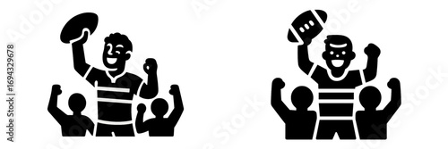 Rugby and American football player celebrating victory with fans black glyph icon set for sports team championship