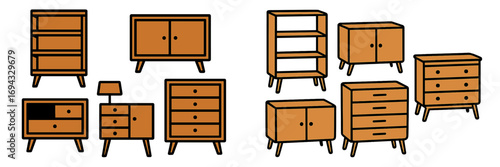 Set of mid-century modern wooden furniture icons including dressers, cabinets, and bookshelves isolated on a white background