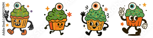 Set of retro cartoon cupcake monster characters with eyeball toppings for Halloween, groovy walking dessert mascots with faces in a vintage comic style