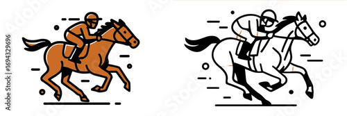 Jockey on a galloping racehorse during an equestrian competition, with color and black and white line art symbol versions isolated on a white background