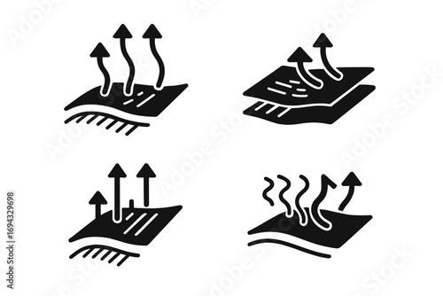 Breathable fabric property icon set showing moisture wicking, quick dry, and evaporation technology for textiles and materials
