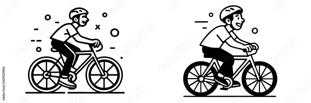 Naklejka premium Happy cyclist wearing a helmet while riding a bicycle for exercise and transportation in a black and white outline style