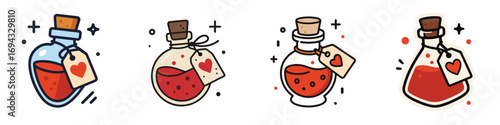 Set of cartoon love potion bottles with heart tags for Valentine's Day, a collection of magical romantic elixirs in glass flasks