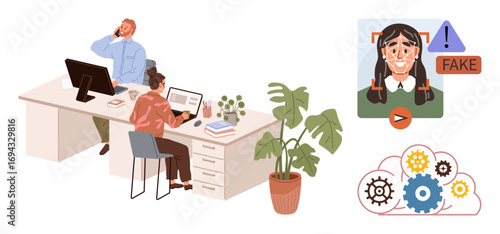 Two office workers analyzing a deepfake alert on a screen. Desk, potted plant, gears, and AI detection tools illustrate innovation. Ideal for technology, AI, automation, security communication