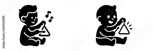 Baby playing a triangle musical instrument icon set for early childhood development and music education concepts