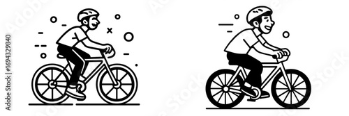Happy cyclist wearing a helmet while riding a bicycle for exercise and transportation in a black and white outline style