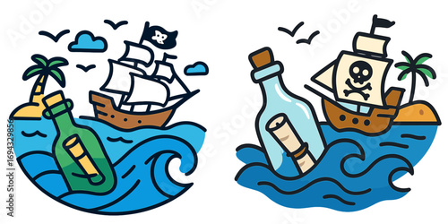Pirate ship with Jolly Roger flag sailing on the sea near a tropical island with a message in a bottle floating on the waves