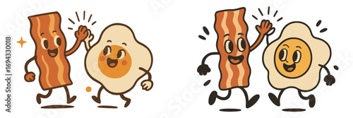 Retro cartoon mascot characters of a bacon strip and fried egg giving a high five in a vintage comic style symbolizing friendship