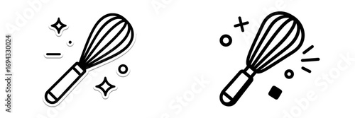 Two kitchen whisk utensils in a simple line art style for cooking and baking concepts, with one variation designed as a sticker