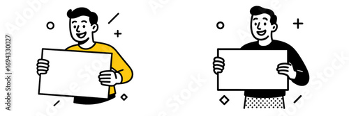 Happy cartoon man holding a blank white sign for custom text, character set with color and monochrome versions for presentation or announcement