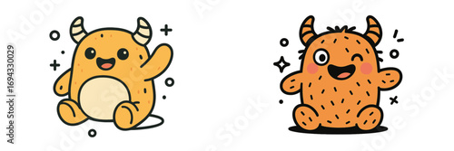 Set of two cute orange monster characters in a friendly kawaii doodle style with happy expressions isolated on a white background