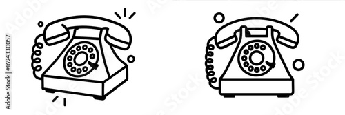 Retro rotary telephone with a coiled cord and receiver ringing in a minimalist black and white line art icon style