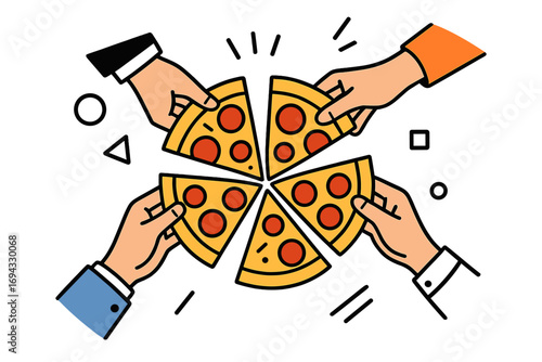 Hands of business people sharing slices of pepperoni pizza in a concept of teamwork collaboration and office lunch break