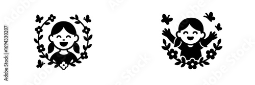 Happy girl with pigtails in a floral wreath surrounded by flowers and butterflies, a black and white design for nature and childhood themes