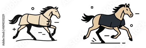 Two running horses wearing blankets in a minimalist icon style set against a white background with graphic elements