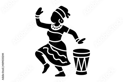 Silhouette glyph icon of an African woman in traditional clothing dancing next to a djembe drum on a white background