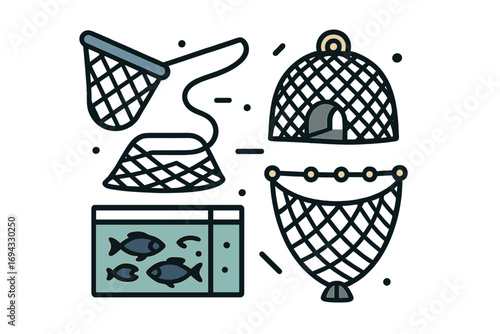 Fishing equipment icon set with landing net, fish trap, creel, and aquarium with fish on a white background