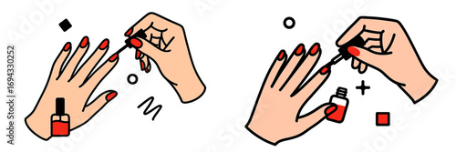 Minimalist line art of hands applying vibrant red nail polish during a manicure for a self-care beauty routine