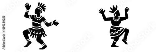 Set of two black silhouettes of African tribal dancers in traditional costumes performing a ritual dance on a white background