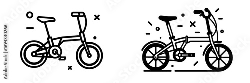 Minimalist folding bicycle icon set in a simple black and white line art style representing urban transport and eco-friendly commuting