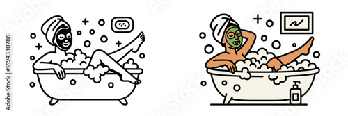 Woman relaxing in a bubble bath with a facial mask and towel on her head enjoying a spa day at home for self-care and wellness