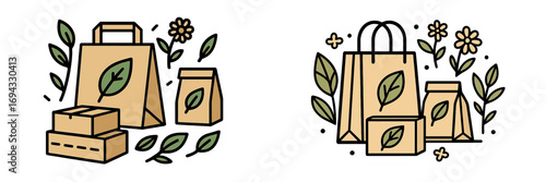 Collection of eco-friendly packaging icons with kraft paper bags, cardboard boxes, and green leaves for sustainable shopping and zero waste lifestyle