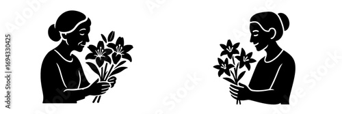 Silhouette icons of a senior woman and a young woman holding and smelling bouquets of lily flowers for Mother's Day